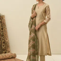 KARAJ JAIPUR Women Beige Ethnic Motifs Chanderi Cotton Kurta with Pant & With Dupatta image 3
