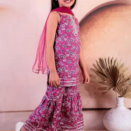 JUNITOS Girls Floral Printed Pure Cotton Straight Kurta With Sharara & Dupatta image 3