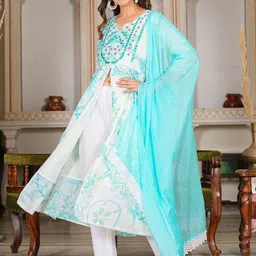 KALINI Women Floral Printed Regular Pure Cotton Kurta with Trousers & With Dupatta image 4