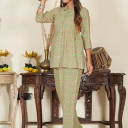 KALINI Floral Printed Shirt Collar A-Line Pleated Kurti with Trousers image 4