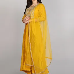 THE52 Ethnic Motifs Yoke Design Chanderi Silk Pleated Anarkali Kurta with Trousers & With image 4