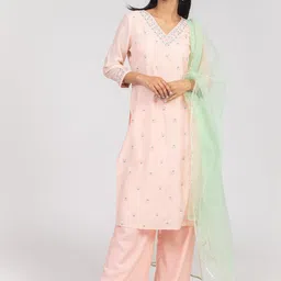 KASYA Floral Embroidered Regular Kurta With Palazzos & Dupatta image 5