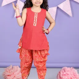 here&now x kinder kids Kinder Kids Girls Floral Printed Regular Pure Cotton Kurti With Dhoti Pants & Jacket image 5