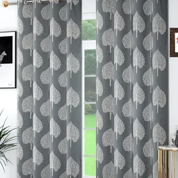 Kraftiq Homes Grey & White 2 Pcs Floral Room Darkening Door Curtain-image-2