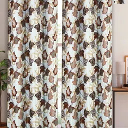 Aura Brown & White 2 Pieces Floral Room Darkening Long Door Curtains-image-92