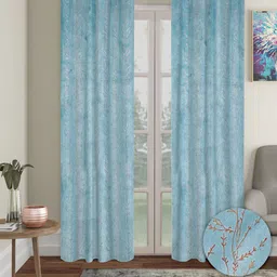 Cortina Blue & Gold-Toned 2 Pieces Floral Black Out Long Door Curtains-picture-35