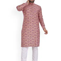 BAESD Ethnic Motifs Printed Band Collar Long Sleeves Straight Kurta image 1