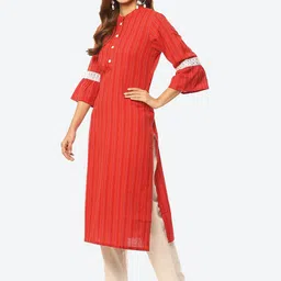 Kurti's by Menka Women Red Striped Anarkali Kurta image 5
