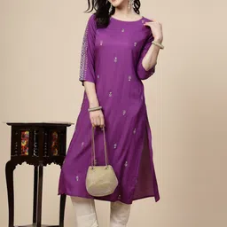 Sangria Purple Floral Embroidered Sequinned Straight Kurta-picture-34