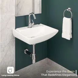 kriss kross Ceramic Rectangular Wall-Hung Wash Basin Modern Wall‑Mounted Sink for Bathroom & Living Room | Glossy White, Single Tap Hole | Compact Space‑Saving Table Top Basin image 5