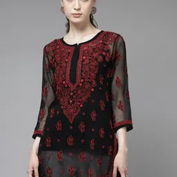 ADA Black & Maroon Sustainable Chikankari Pure Georgette Sheer Kurti with Inner image 1