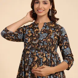 CRAFIQA Floral Printed Mandarin Collar Pure Cotton Maternity & Nursing Anarkali Kurta image 3