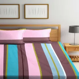 arrabi Multicolor Stripes 300 TC Cotton Blend Double King Sized Bedsheet With 2 Pillow Covers-picture-24