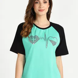 shashvi Women Teal & Black Printed Cotton T-shirt-image-85