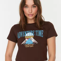 Trendyol Women Brown & Blue Cotton Printed T-shirt-image-8