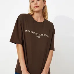 Trendyol Women Brown Typography Printed T-shirt-picture-14