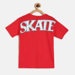 MINI KLUB Boys Red Typography Printed Pure Cotton T-shirt-image-48