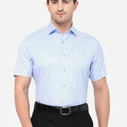 Greenfibre Men Turquoise Blue & White Checked Slim Fit Formal Shirt-picture-18