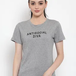 DOOR74 Women Grey Typography Printed T-shirt-image-92