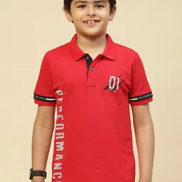 Monte Carlo Boys Red Typography Printed Cotton Polo Collar T-shirt-image-3