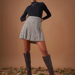 SASSAFRAS Brown & White Checked Pleated Pure Cotton A-Line Mini Skirt-image-0