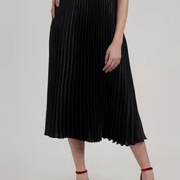 FableStreet Women Black Solid Accordion Pleated Midi Skirt-image-23