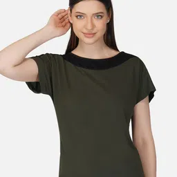BASE 41 Women Olive Green & Black Slim Fit T-shirt-image-33