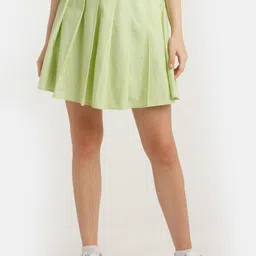zink Z Women Green Solid Pure Cotton Mini Flared Skirts-picture-12