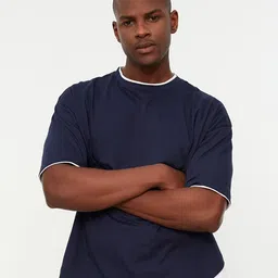 Trendyol Men Navy Blue & White Solid Drop-Shoulder Sleeves Indigo Cotton T-shirt-picture-19