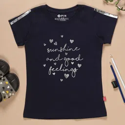 3PIN Girls Navy Typography Printed Cotton T-shirt-image-9