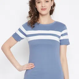 Rodzen Women Blue  White Colourblocked Slim Fit Pure Cotton T-shirt-image-34