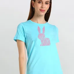 shashvi Women Turquoise Blue Printed Cotton T-shirt-image-77