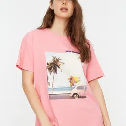 Trendyol Women Pink Printed Pure Cotton Drop-Shoulder Sleeves T-shirt-image-12
