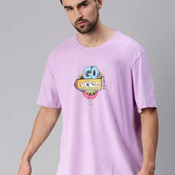 VEIRDO Men Purple Printed Drop-Shoulder Sleeves Raw Edge Oversized  T-shirt-picture-16