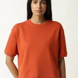 ARTICALE Women Orange Drop-Shoulder Sleeves Slim Fit T-shirt-image-5