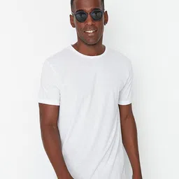Trendyol Men White Solid Cotton T-shirt-image-41