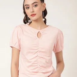 ELLE Women Pink V-Neck Extended Sleeves T-shirt-picture-22