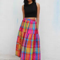 Chidiyaa Checked Pure Cotton Flared Maxi Skirt-picture-25