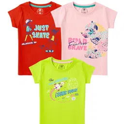 Cub McPaws Girls Red Fluorescent Green & Pink Cotton Typography 3 Pack Printed T-shirts-picture-58