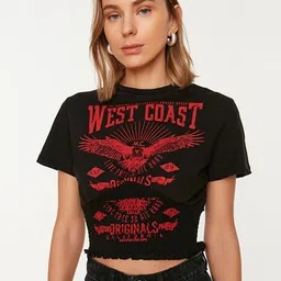 Trendyol Women Black & Red Cotton Typography Printed T-shirt-picture-32