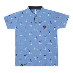 earth conscious Boys Blue Printed Mandarin Collar Applique T-shirt-picture-44