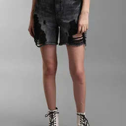 KZ07 By Kazo Women Grey Washed High-Rise Cotton Denim Shorts-image-8