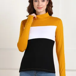 SHARKTRIBE Women Mustard Yellow & White Colourblocked High Neck Slim Fit T-shirt-image-11