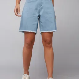DOLCE CRUDO Blue Regular High-Rise Raw Egde Above Knee Stretchable Denim Chino Shorts-picture-13