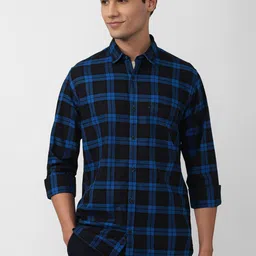 Peter England Casuals Men Blue & Black Slim Fit Tartan Checks Checked Casual Cotton Shirt image 1