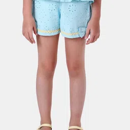 One Friday Girls Blue Schiffli Embellished Cotton Shorts-picture-28