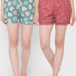 FashionRack Women Pack Of 2 Brown & Green Printed Cotton Lounge Shorts image 1