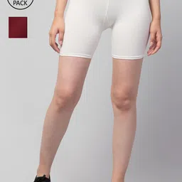 Apraa & Parma Women Pack Of 2 White & Maroon Slim Fit Cycling Cotton Sports Shorts-picture-23