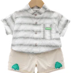 StyleCast Boys Green Striped Short Sleeves Band Collar Shirt With Shorts-picture-29