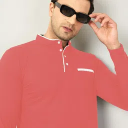 AUSK Men Peach-Coloured Solid Mandarin Collar T-shirt image 2